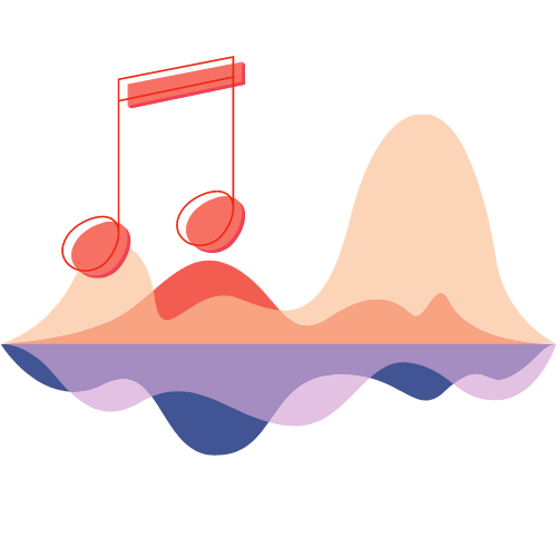 illustration of musical notes and waves in reds and purples.