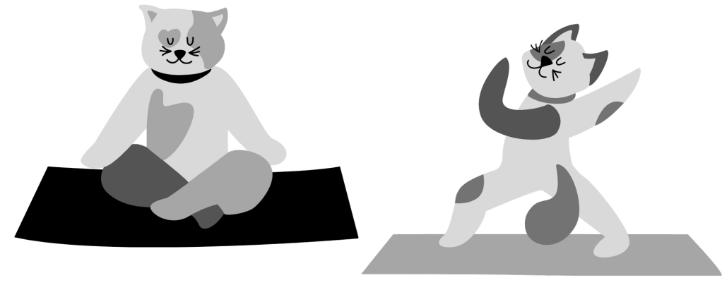 Two cartoon images of cats. One is sitting cross-legged on a mat with a peaceful face. The other is standing with legs wide apart and arms reaching up and out.